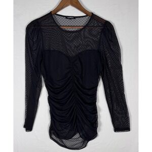 Express Black Swiss Dot Mesh Ruched Long Sleeve Sheer Top Medium